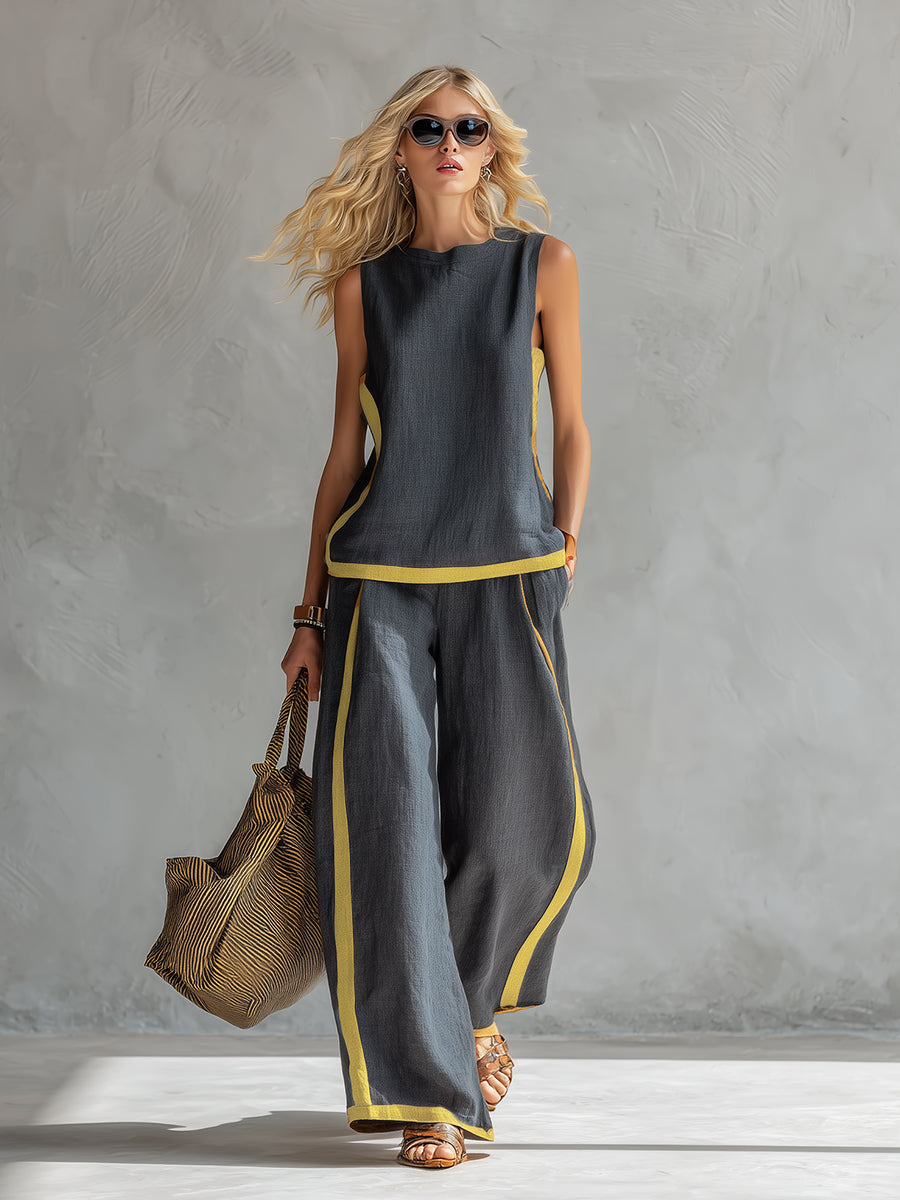 Leila - Conjunto elegante y casual de chaleco y pantalones de algodón y lino gris con bordes en dos tonalidades.