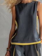 Leila - Conjunto elegante y casual de chaleco y pantalones de algodón y lino gris con bordes en dos tonalidades.