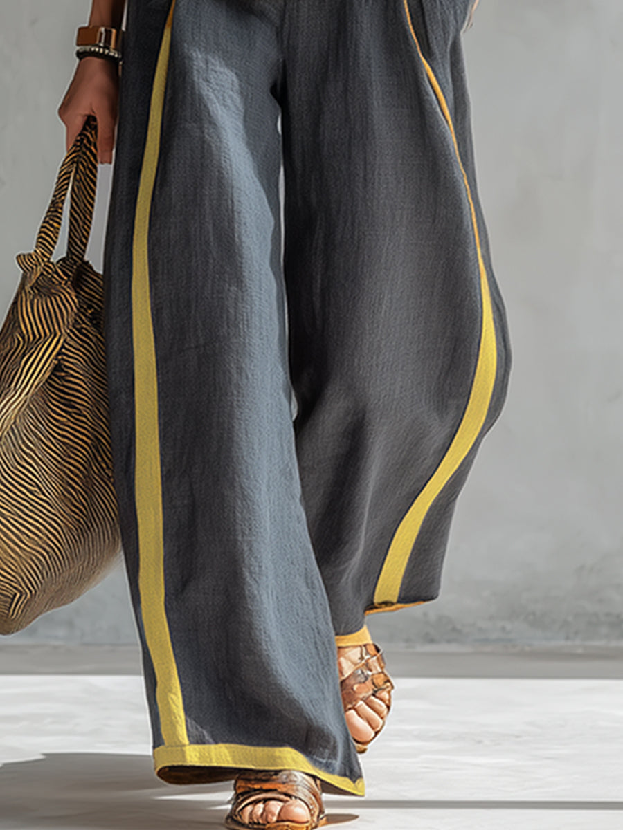 Leila - Conjunto elegante y casual de chaleco y pantalones de algodón y lino gris con bordes en dos tonalidades.