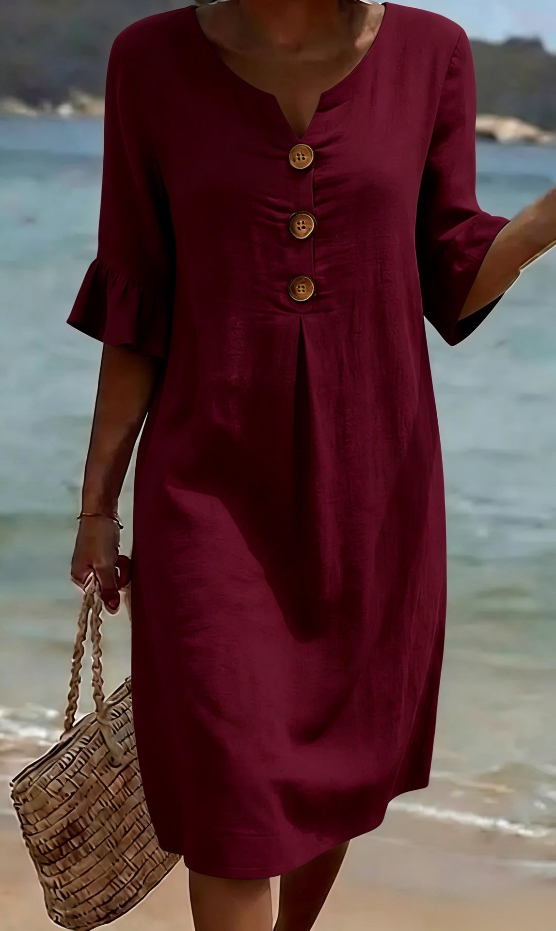 Carolina | Vestido de mujer de algodón y lino con mangas abullonadas y botones