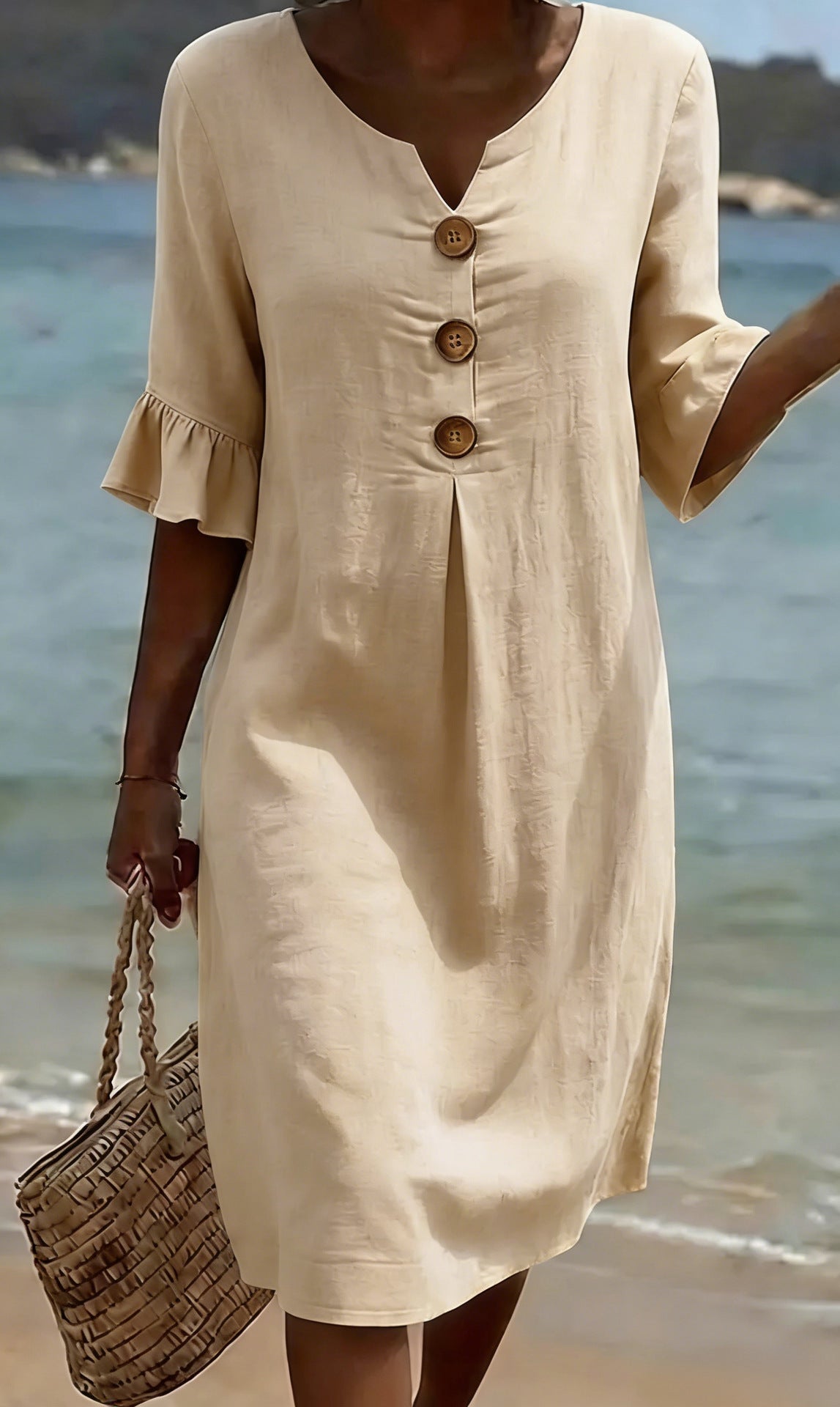 Carolina | Vestido de mujer de algodón y lino con mangas abullonadas y botones