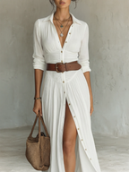 Robe Maxi Larga con Cuello Tipo Blazer y Mangas Largas de Lino para Mujer