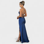 Elena - Vestido de raso cruzado azul medianoche